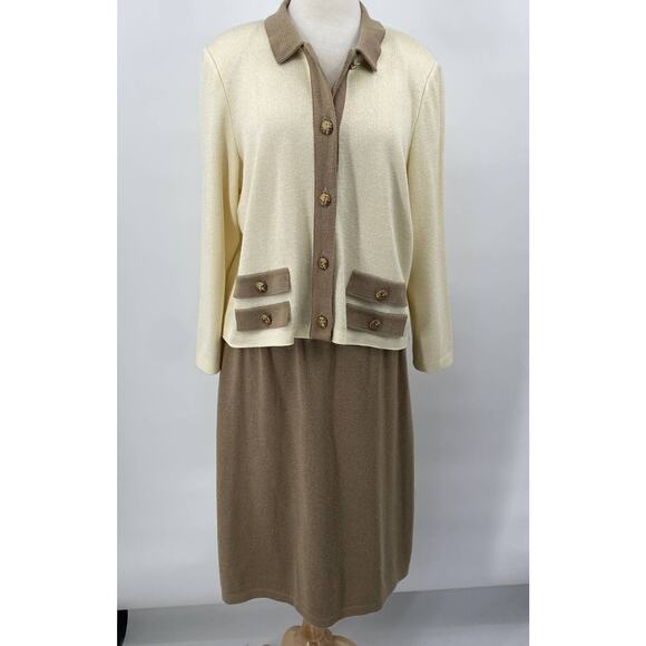 Vintage Mita 2 Piece Knit Cardigan & Skirt Set Matching Cream Tan Womens 18 - Picture 4 of 11